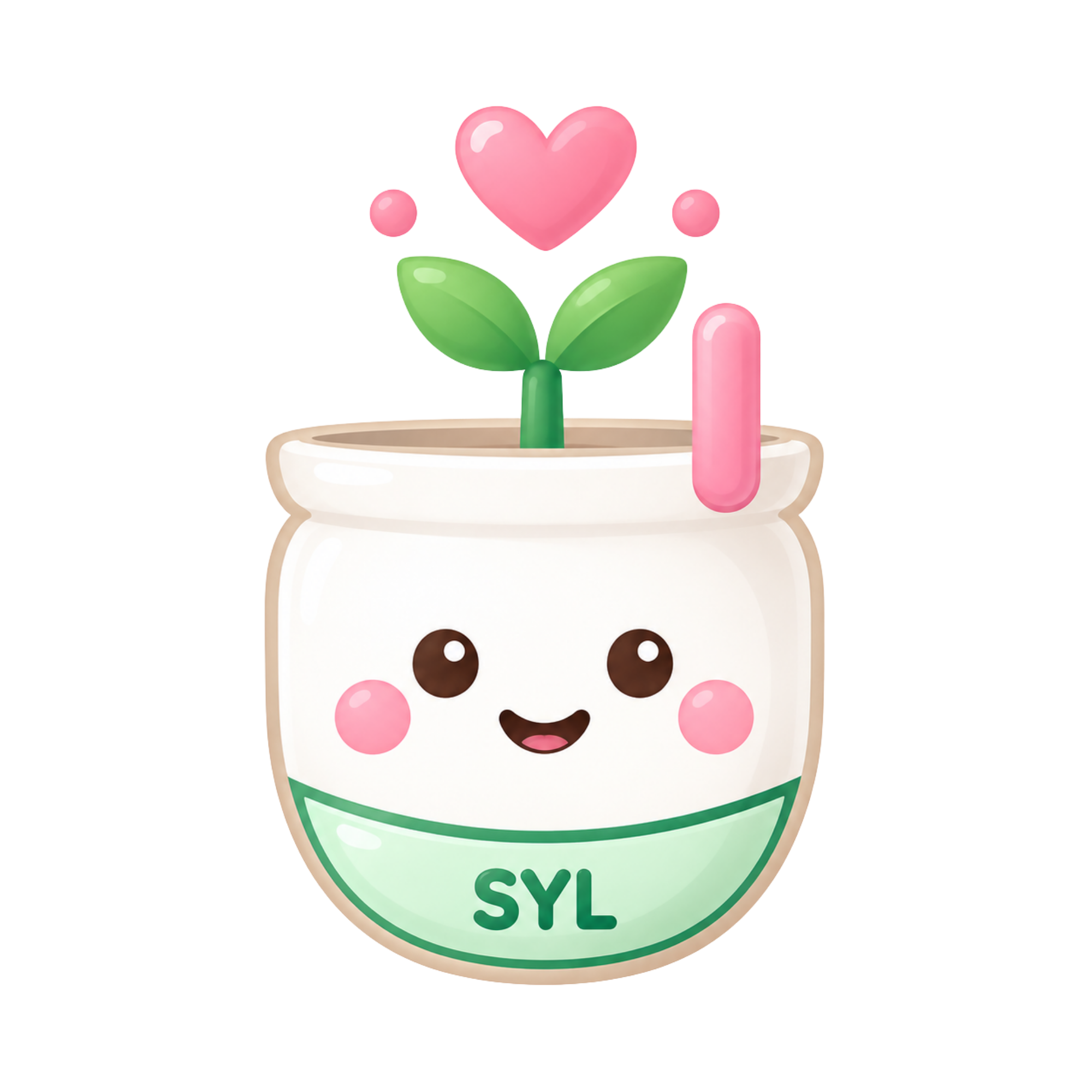 Syl, the SYLORA matcha-cup mascot with a green sprout and pink heart